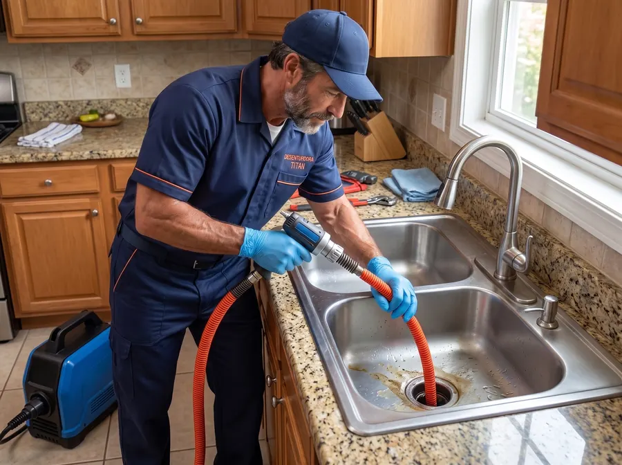 Técnico realizando desentupimento de pia em cozinha