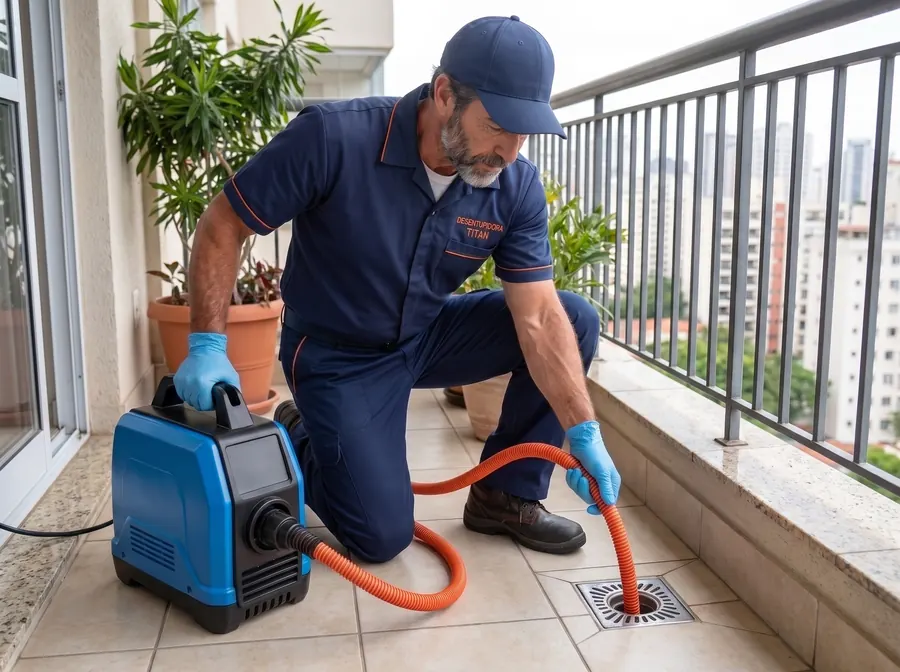 Desentupimento de ralo em varanda de apartamento em Esteio
